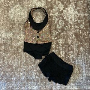 Halter Pink Sequin Leotard with Fringe Shorts